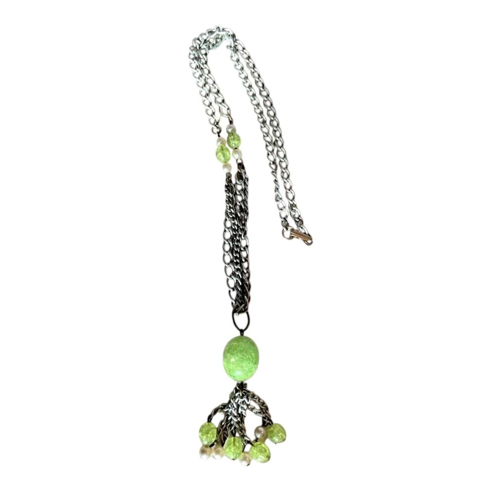 Mid Century Green Crackle Lucite Dangle Disco Necklace MOD Festival
